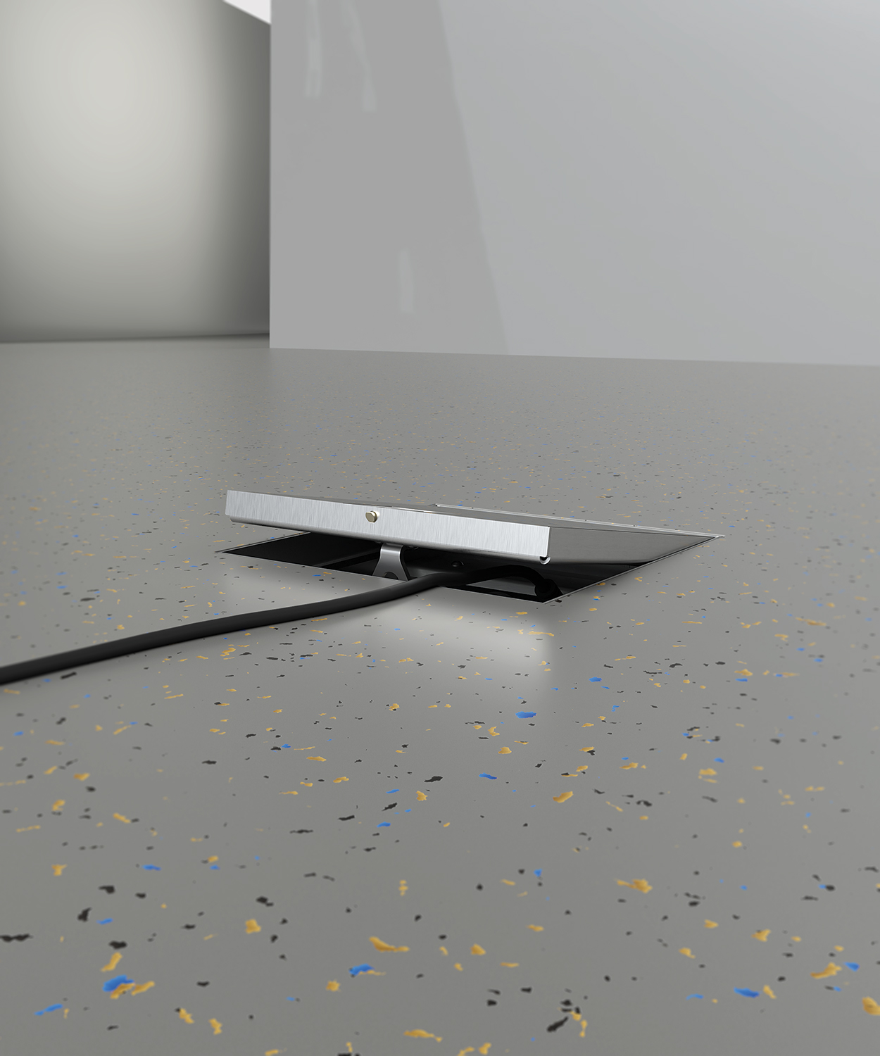 Bodensteckdose 2003B eingebaut im PVC-Boden Deckel leicht geöffnet mit Kabelschutz