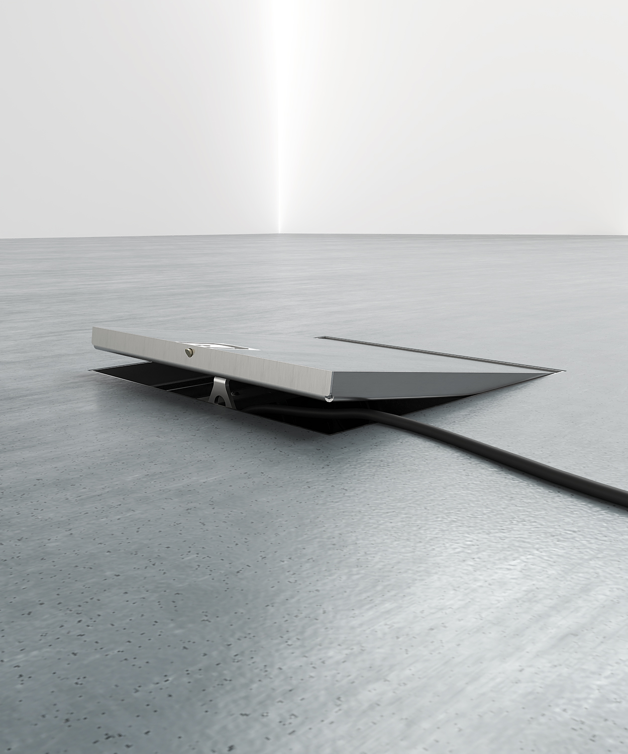 Bodentank 2008B im PVC-Boden eingebaut mit Kabelschutz Kabel gesteckt