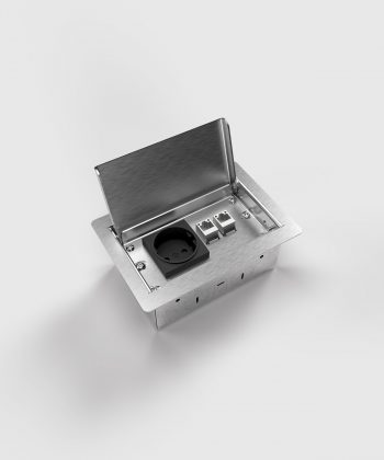 Bodensteckdose 3302E mit einer Schuko und zwei RJ45 Deckel offen Ansicht von oben