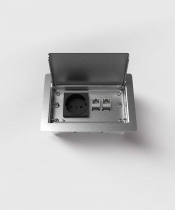 Bodensteckdose 3302E mit einer Schuko und zwei RJ45 Deckel offen Ansicht frontal von oben