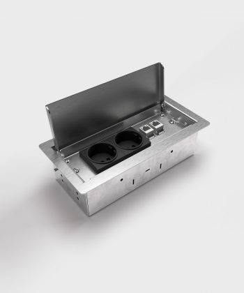 Bodensteckdose 3303E mit zwei Schuko und zwei RJ45 Deckel offen