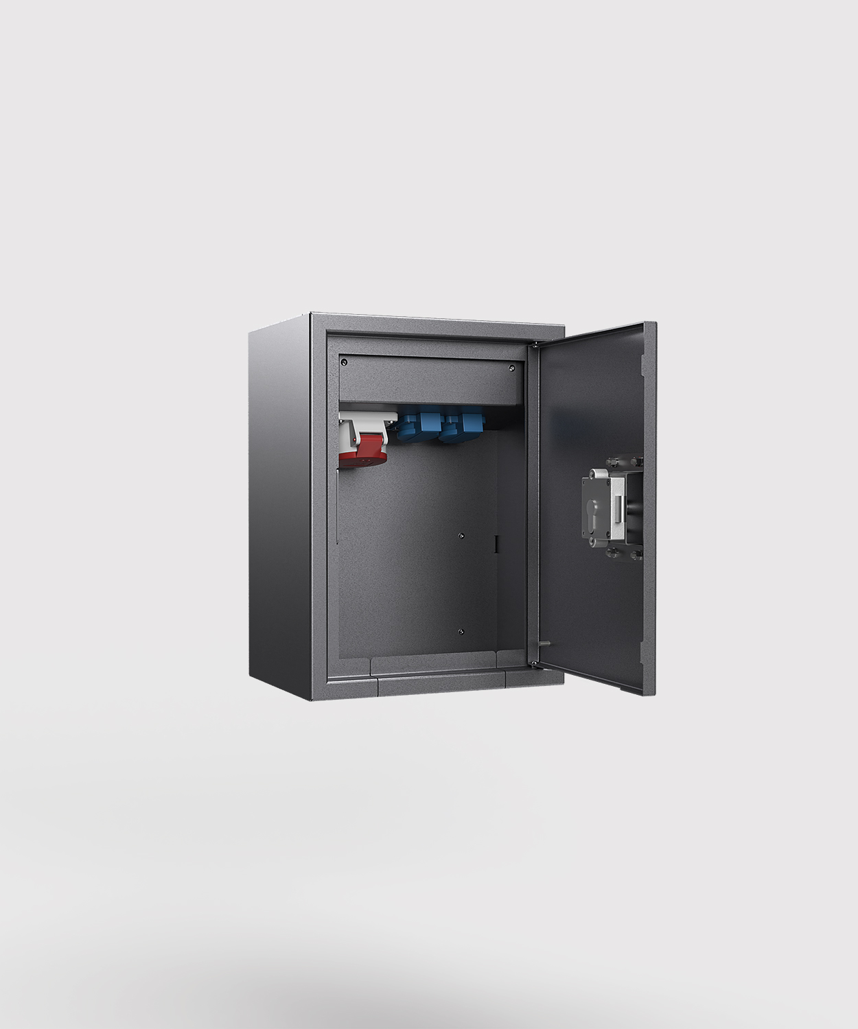 Wandverteiler 5620E1 mit CEE Steckdosen und Schuko-Steckdosen Tür offen Farbe DB703