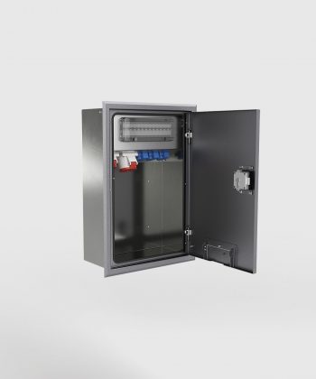 Wandverteiler 5723E mit CEE und Schuko Tür offen Farbe DB703