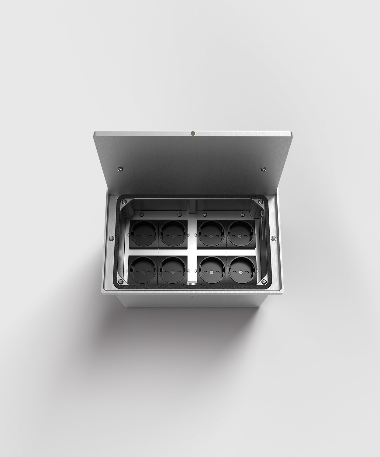 Bodentank 8308A mit acht Schuko-Steckdosen Deckel offen Ansicht von oben