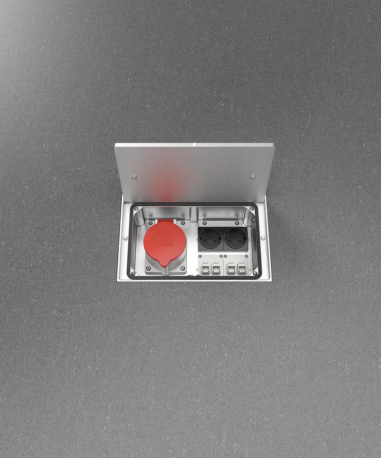 CEE-Bodentank 8314A mit CEE RJ45 und Schuko-Steckdosen im Boden eingebaut