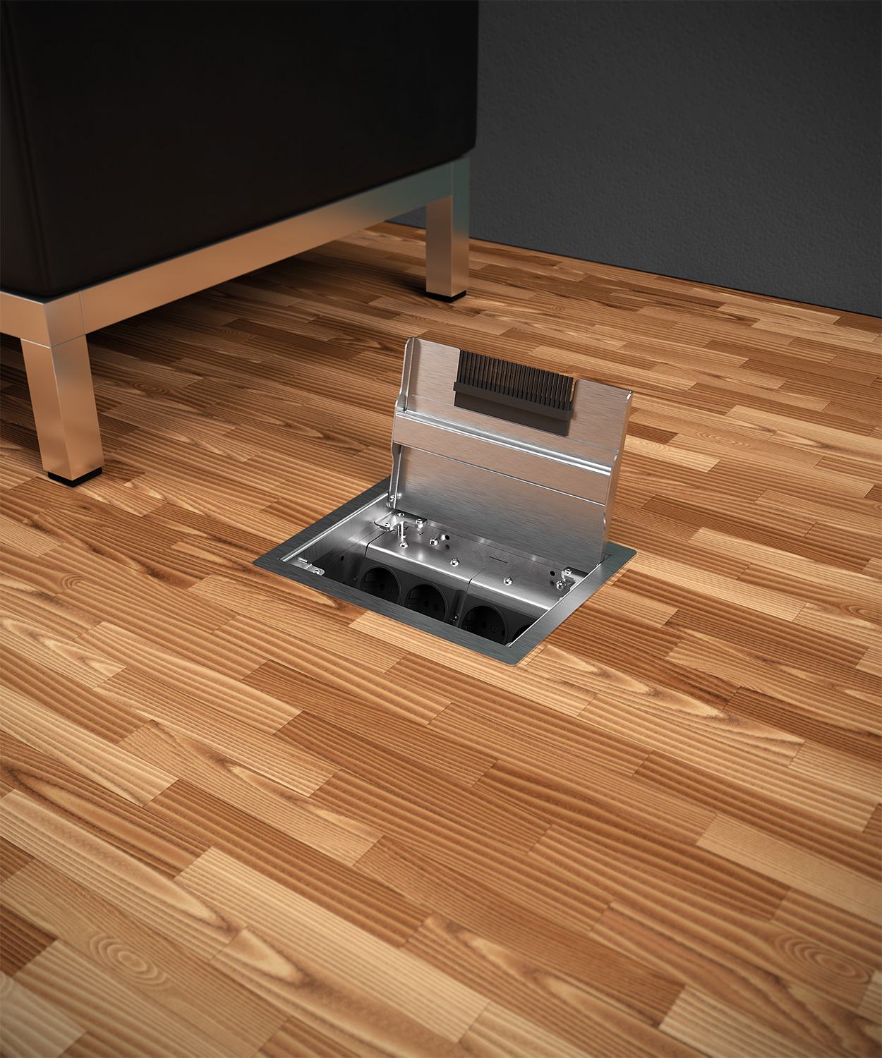 Hohlbodentank 8504B Deckel offen im Parkettboden eingebaut