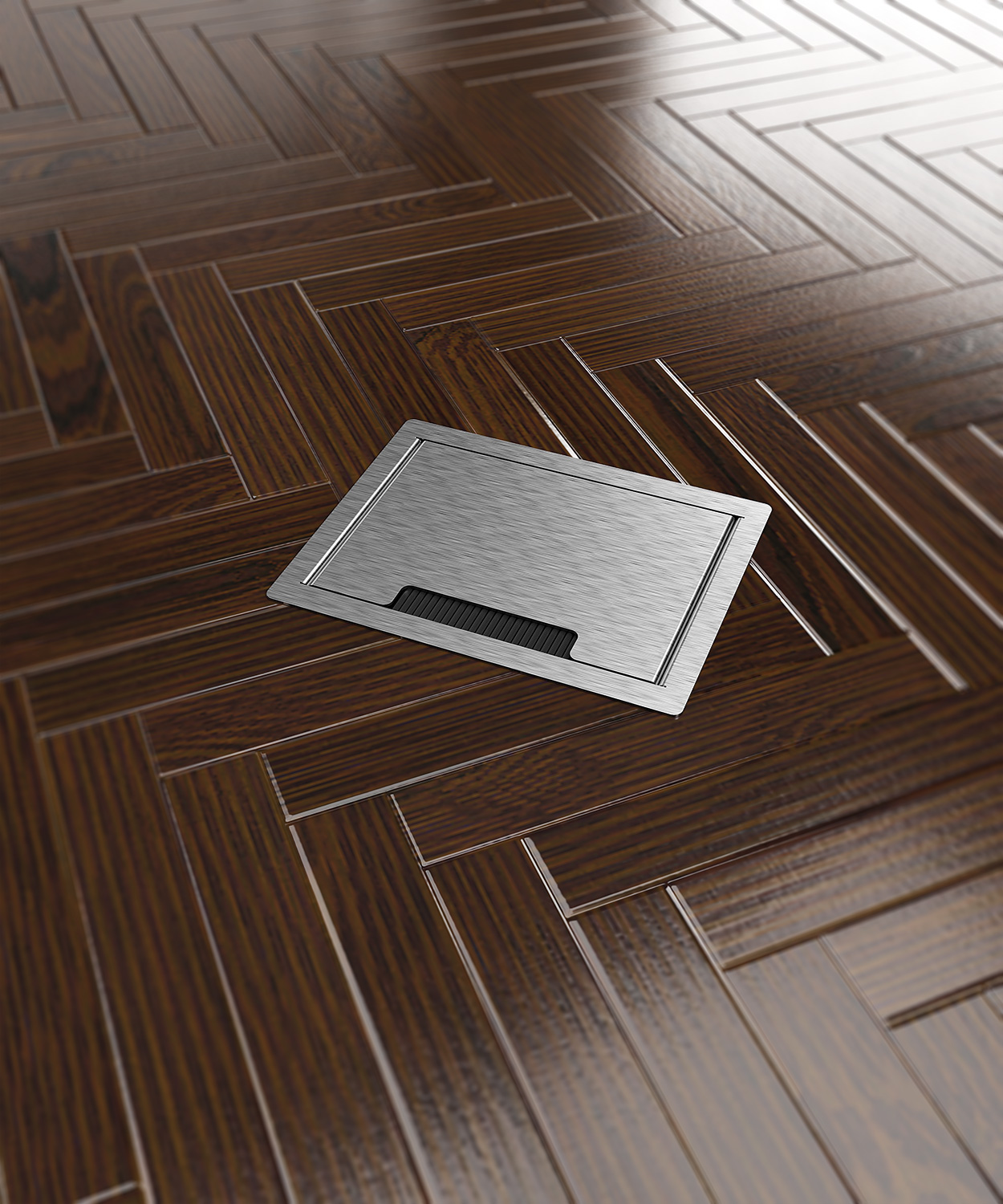 Hohlbodentank 8504B Deckel geschlossen im Parkettboden eingebaut