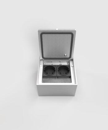 Bodensteckdose 8702A mit zwei Schuko-Steckdosen Deckel offen mit Verschluss und Dichtung