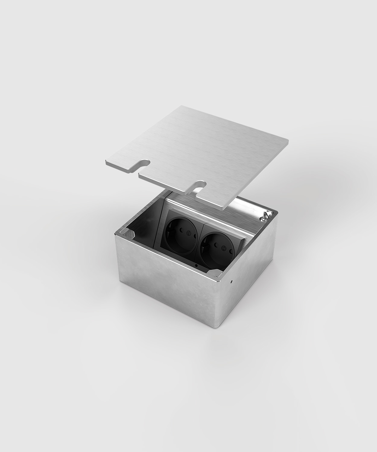 Bodensteckdose 8802A mit zwei Steckplätzen Schuko Deckel aus Aluminium angehoben