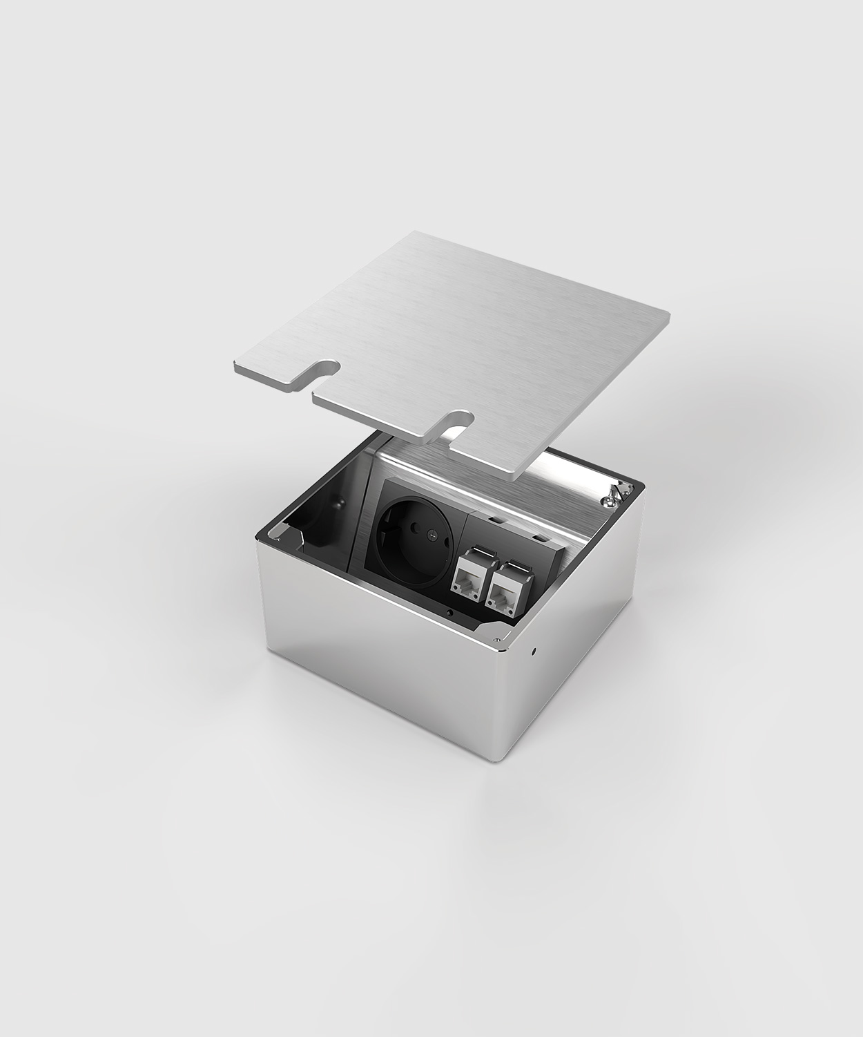 Bodensteckdose 8802A mit zwei Steckplätzen 1x Schuko 1x RJ45 Deckel aus Aluminium angehoben