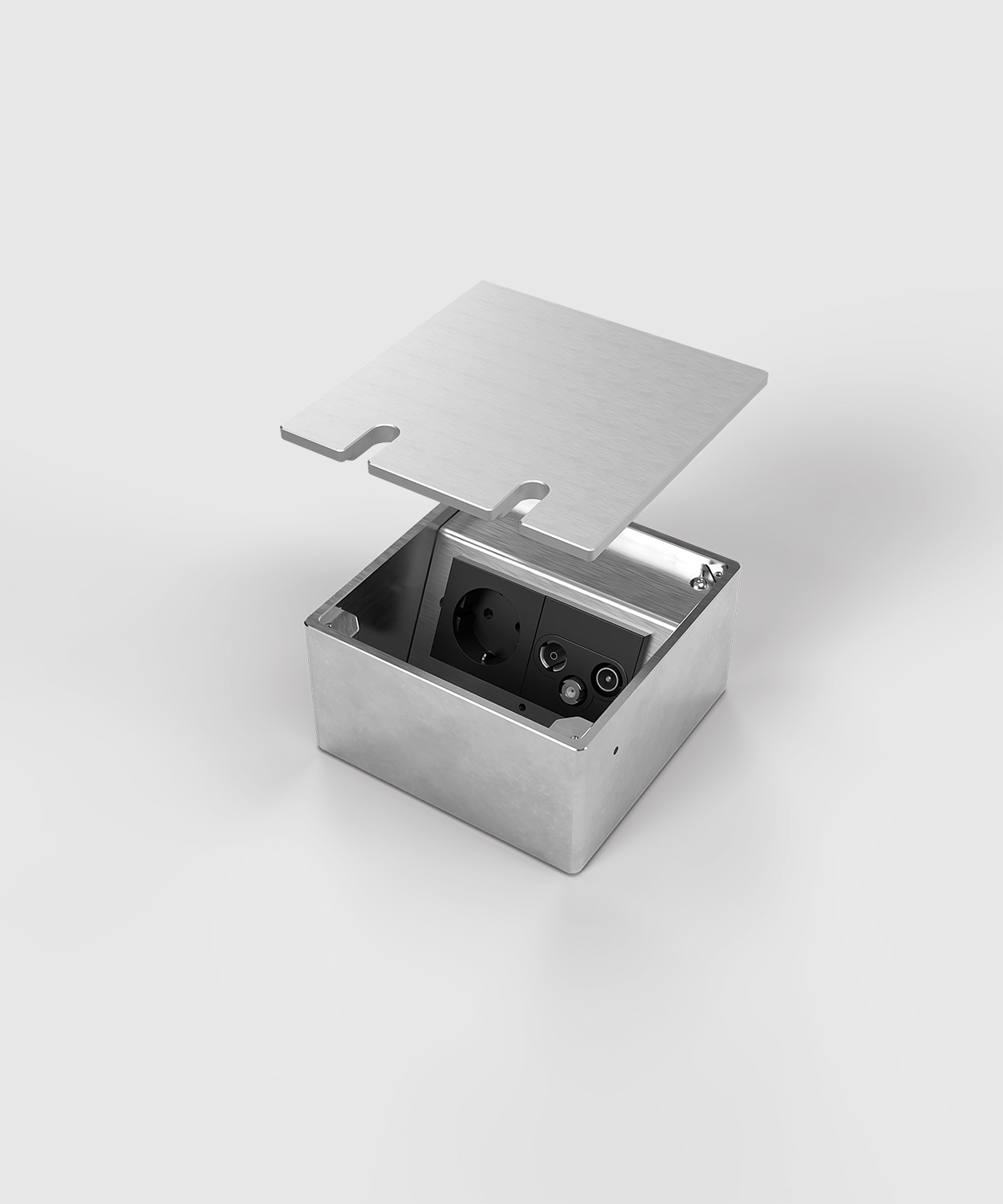 Bodensteckdose 8802A mit zwei Steckplätzen 1x Schuko 1x Antenne Deckel aus Aluminium angehoben