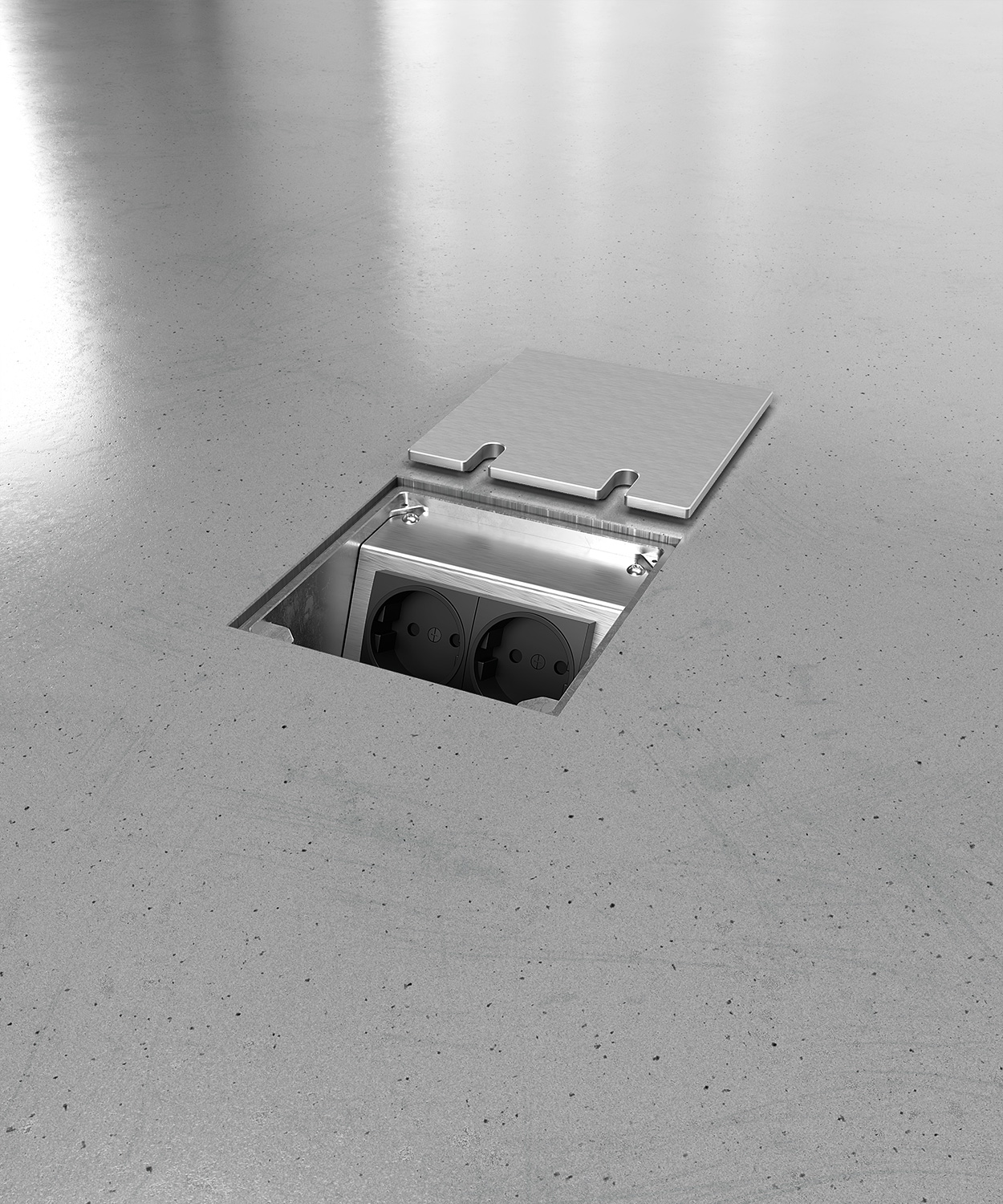 Bodensteckdose 8802A im Boden eingebaut Deckel offen und abgelegt