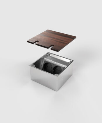 Bodensteckdose 8802B-1-0 mit Bestückung 2x Schuko Deckel offen mit Kabelauslass