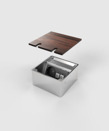 Bodensteckdose 8802B-2-0 mit Bestückung Schuko und RJ45 Deckel offen mit Kabelauslass