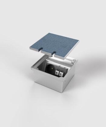 Bodensteckdose 8802T-2-1 mit einer Schuko und RJ45 Deckel angehoben mit Teppichboden