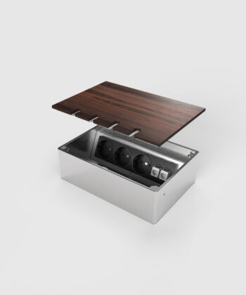 Bodensteckdose 8804B-2-0 mit Schukos und RJ45 Deckel angehoben mit Bodenbelag