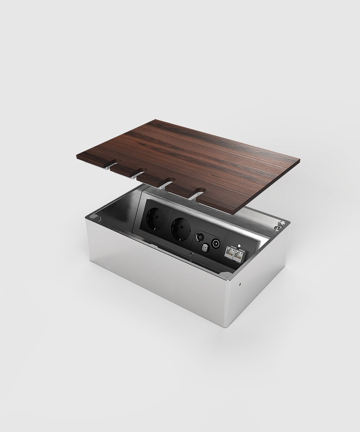 Bodensteckdose 8804B-4-0 mit Schukos RJ45 und Antenne Deckel angehoben mit Parkett