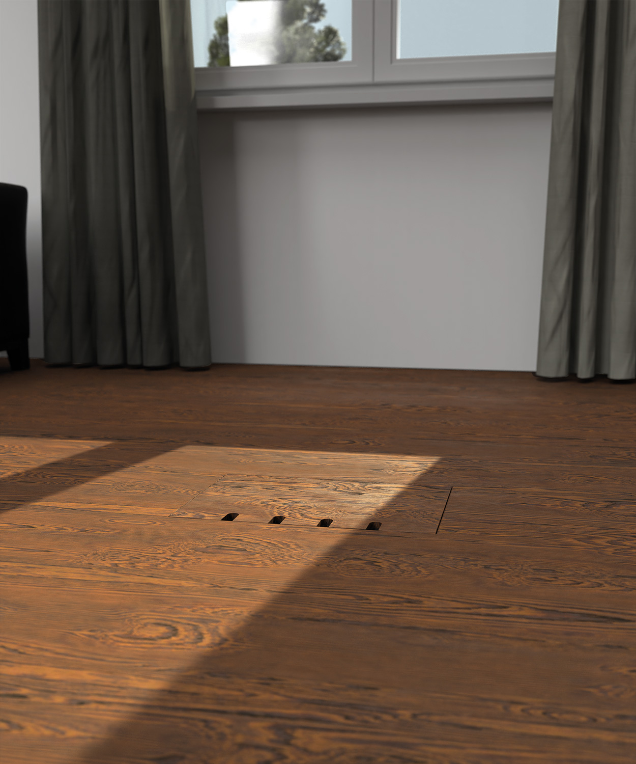 Bodensteckdose 8804B im Boden eingebaut Deckel geschlossen mit Bodenbelag