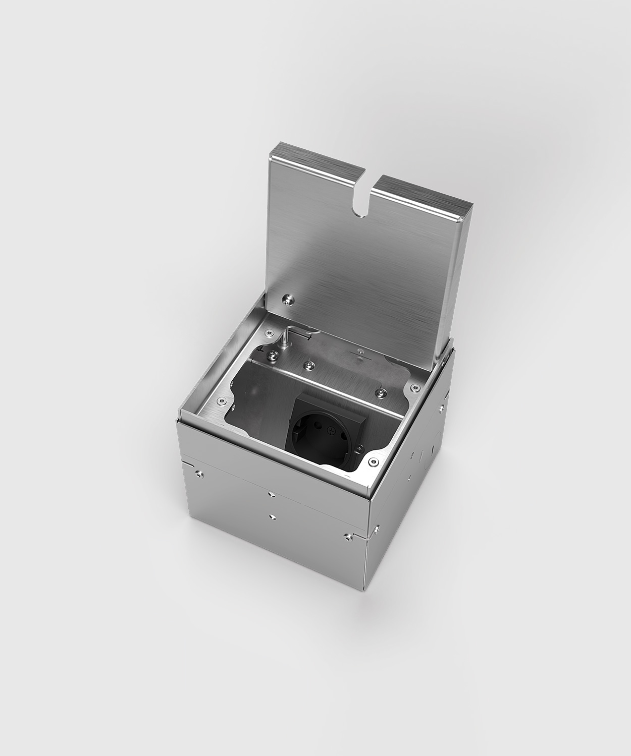 Bodensteckdose 8901B mit einem Steckplatz Deckel offen mit Kabelauslass