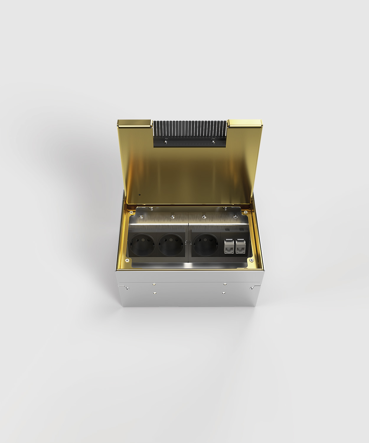 Bodensteckdose 8904MB Deckel und Rahmen aus Messing Bestückung Schuko und RJ45