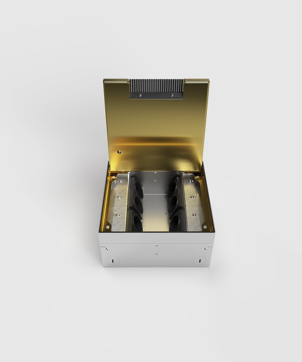 Bodentank 8908MB mit 8 Schuko Steckdosen Deckel und Rahmen aus Messing Deckel offen