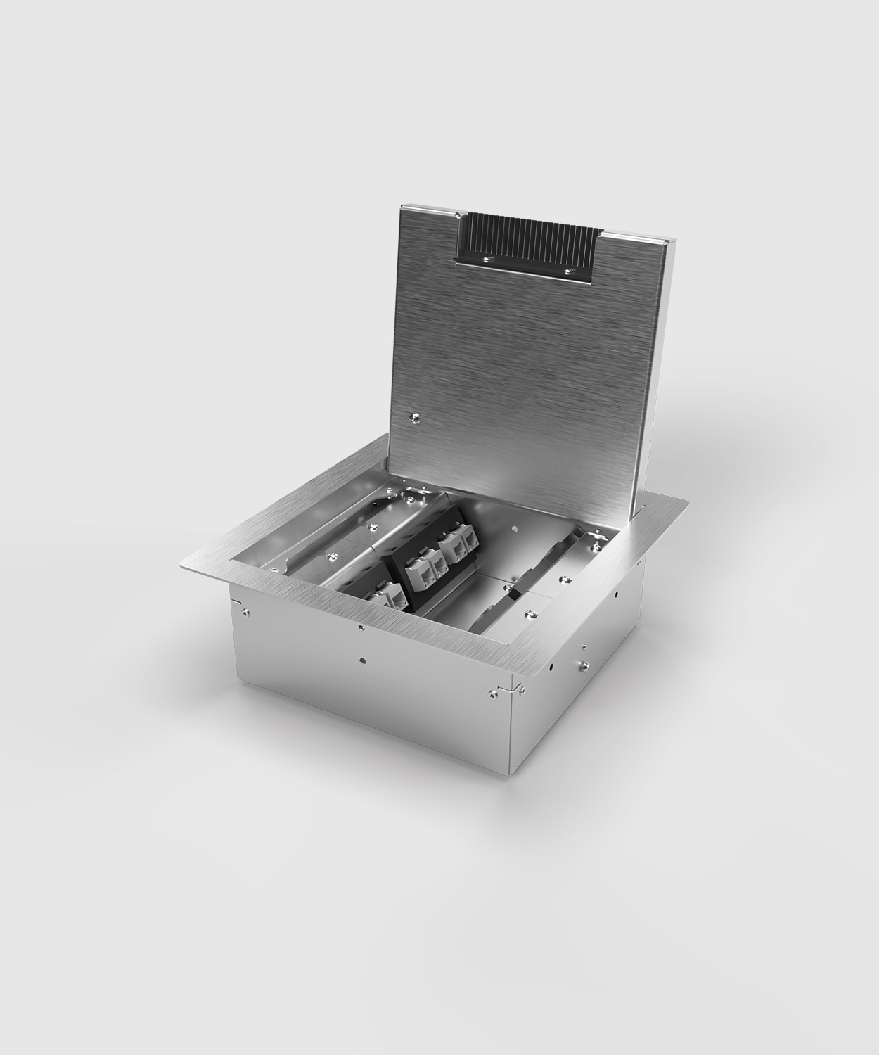 9208BB-1-0 Bodentank mit Schuko-Steckdosen und RJ45 Deckel offen