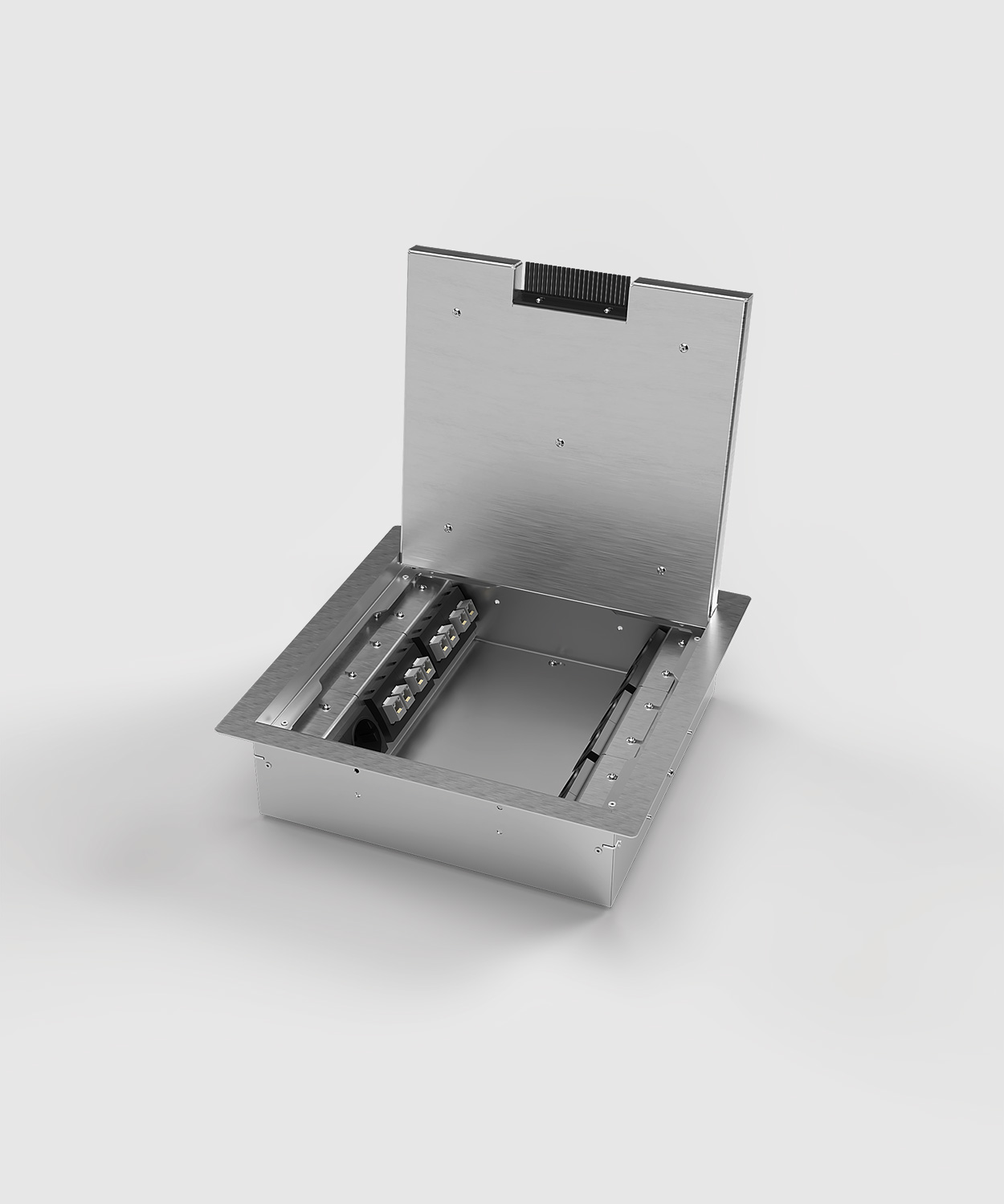 Bodentank 9212BB mit acht Schuko-Steckdosen und acht RJ45 Steckern Deckel offen