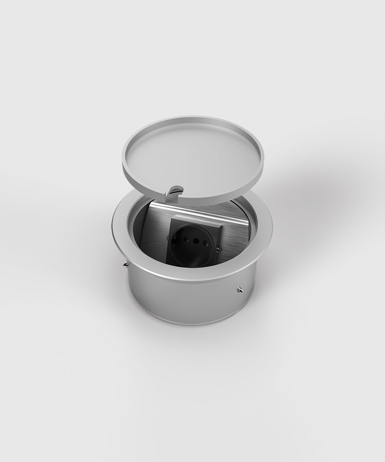 Bodensteckdose 9901A rund mit einer Steckdose Deckel angehoben ohne Bodenbelag