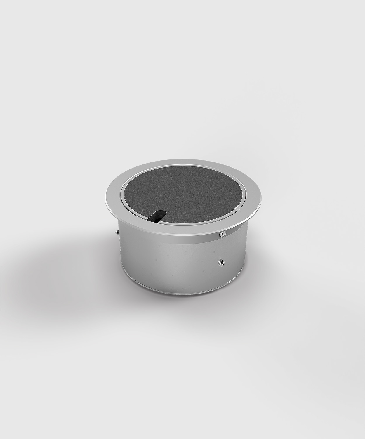 Bodensteckdose 9901A rund Deckel geschlossen mit Kabelauslass und mit Bodenbelag