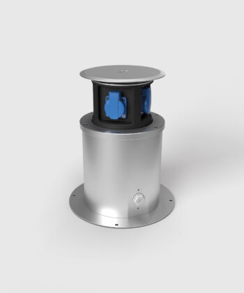 Senkverteiler SV301 mit rundem Rahmen mit 4 Schuko-Steckdosen ausgefahren