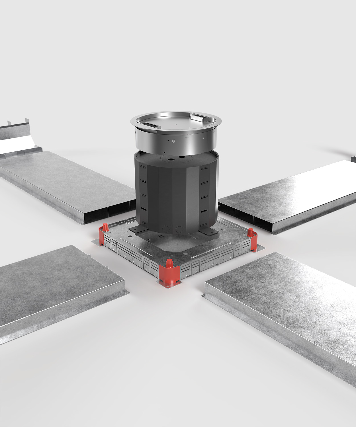 Unterflursystem mit Bodentank 9110BB und Platzhalter und Unterflurdose und Kabelkanälen hochformat