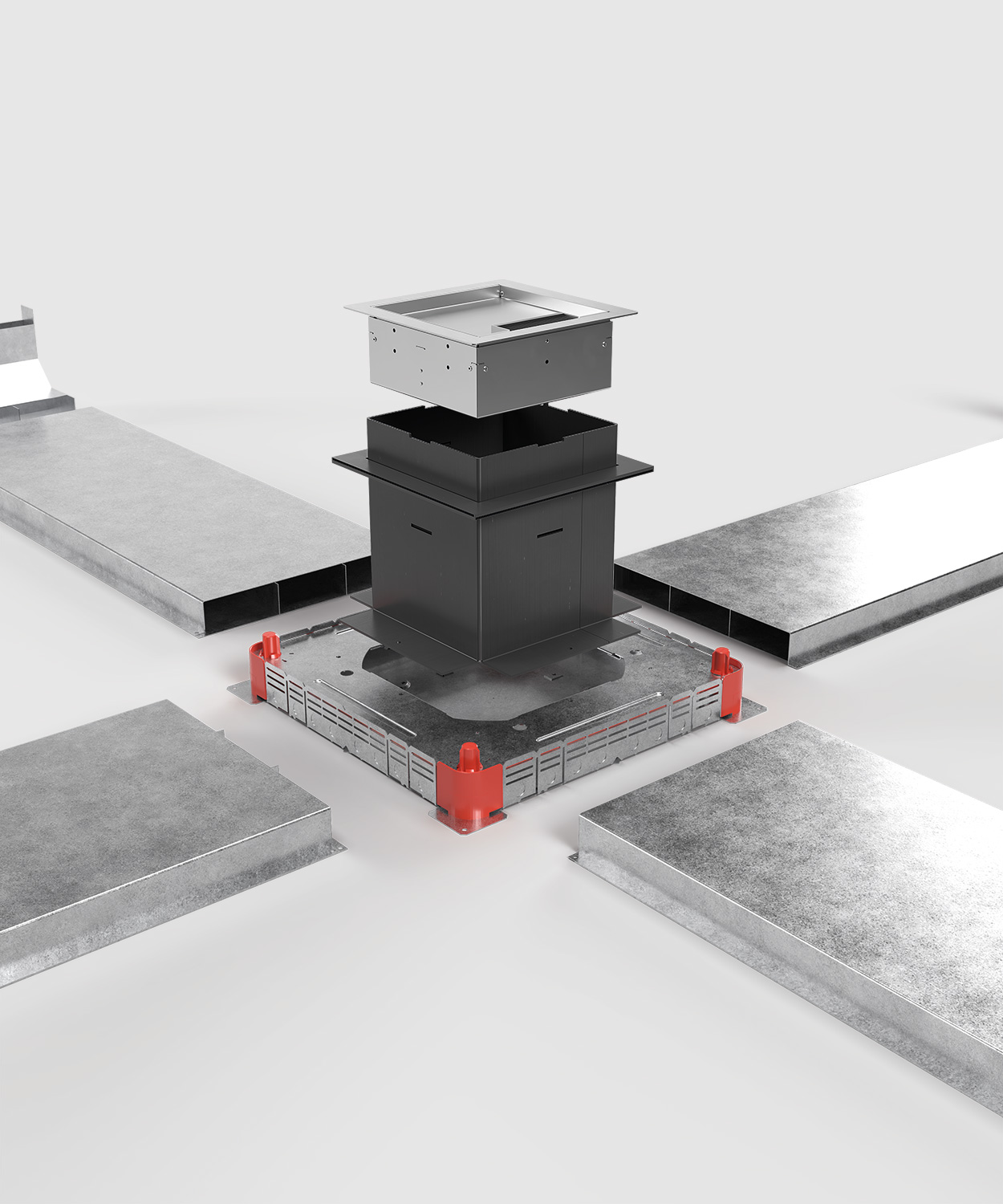 Unterflursystem mit Bodentank 9208 und Platzhalter und Unterflurdose und Kabelkanälen hochformat