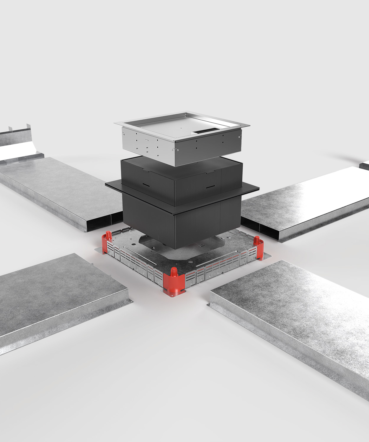 Unterflursystem mit Bodentank 9212BB und Platzhalter und Unterflurdose und Kabelkanälen hochformat