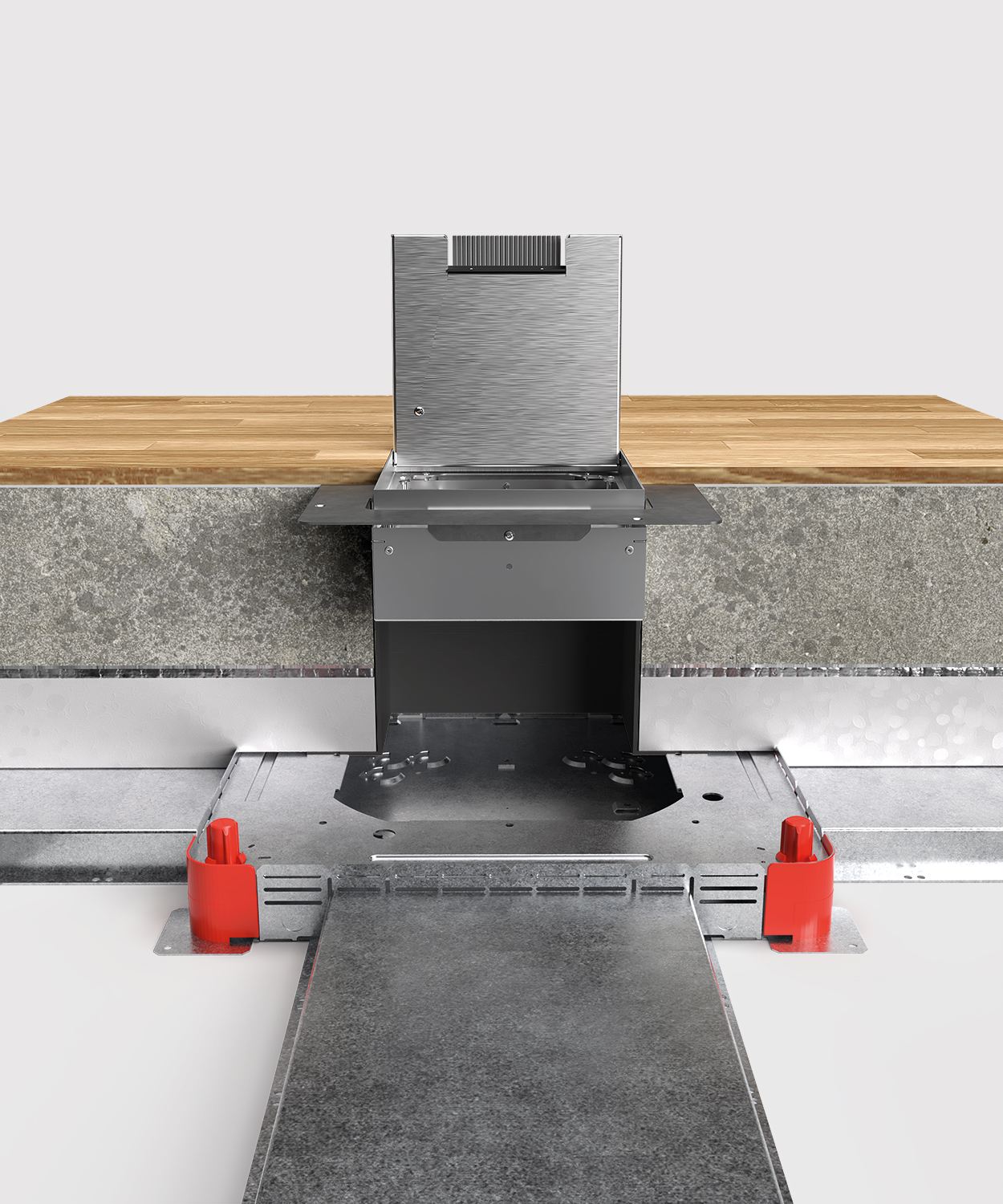 Unterflursystem komplett im Boden eingebaut Ansicht im Querschnitt frontal