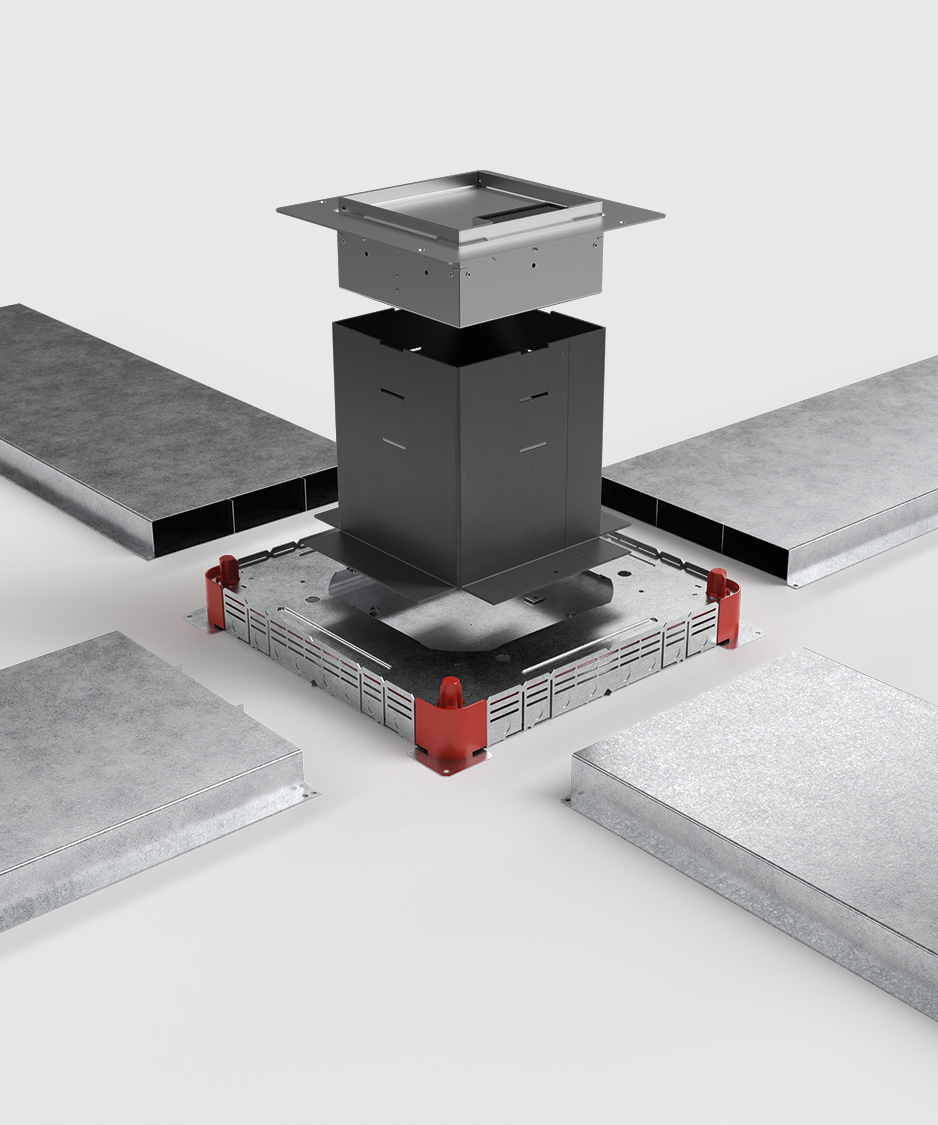 Unterflursystem mit Bodentank 9008 und Platzhalter und Unterflurdose und Kabelkanälen hochformat
